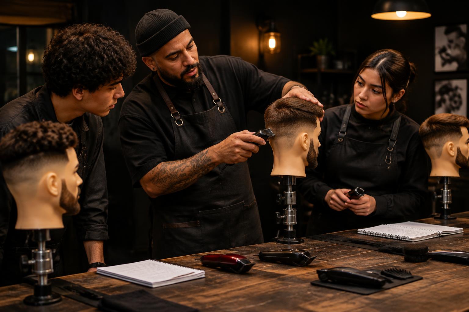A barber instructor teaching students in a training studio
