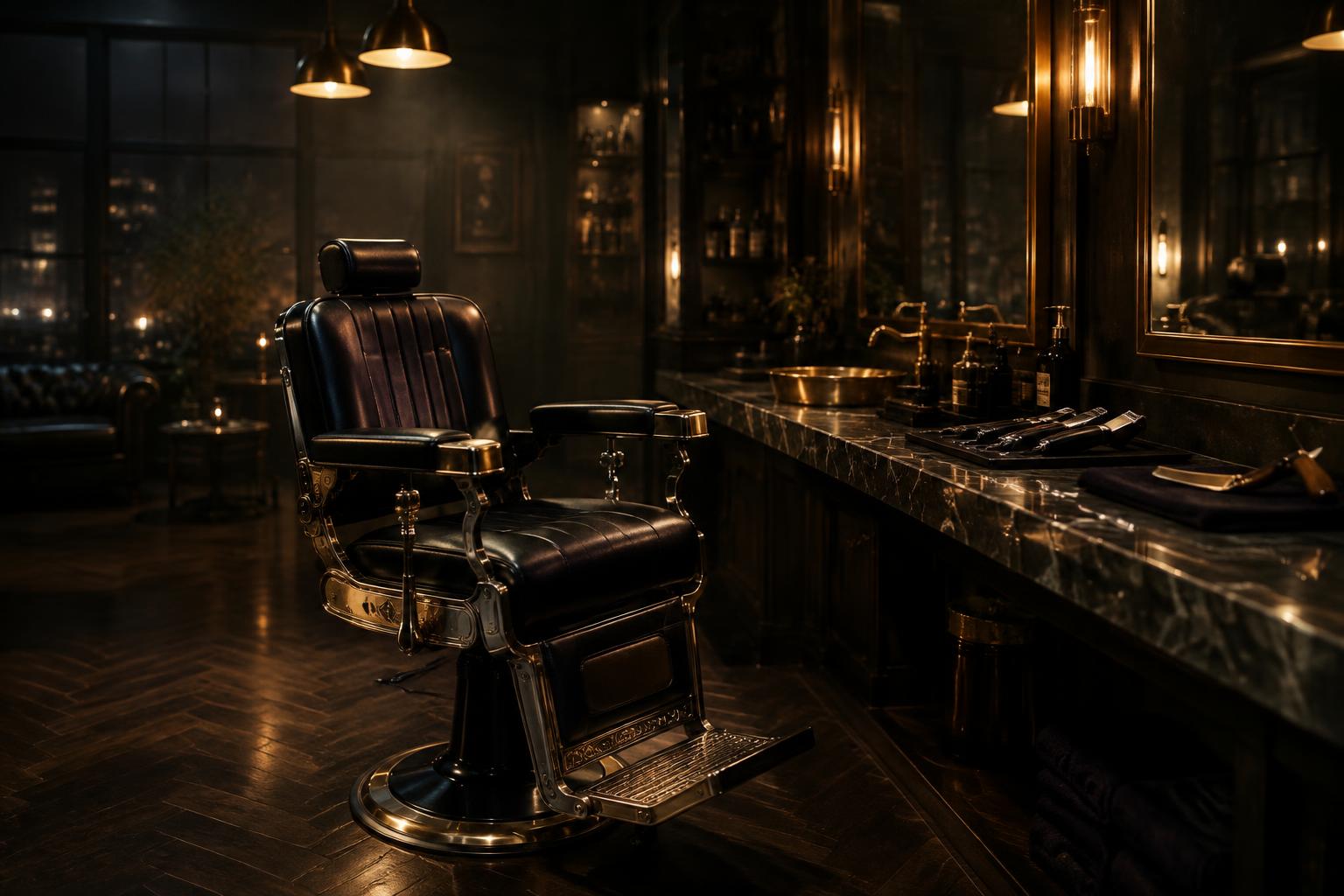 A barber chair under warm gold lighting inside Cuttin Up Barbershop